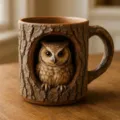 Handmade realistic ceramic tree hollow mug featuring a highly detailed 3D owl sculpture - Owl