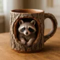 Detailed close-up of handmade raccoon tree hollow mug with realistic bark texture - Raccoon