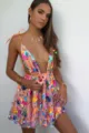 Sexy tiefer V-Ausschnitt rückenfreies Pailletten Blumen Schnür-Minikleid für Damen Party - S / Orange
