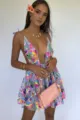 Sexy tiefes V-Ausschnitt rückenfreies buntes Pailletten Blumen Träger Minikleid für Damen - S / Lila