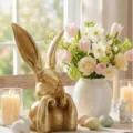 Elegante statua di coniglio pensatore dorato per tavola e decorazioni pasquali - Piccolo (24cm)