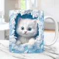 Detailansicht eines 3D-Kätzchenmusters auf einer Keramiktasse mit blauem Lochdesign. - 301-400ml / Blauäugige Weiße Langhaarkatze Hellblaues Loch Stil (cat4)