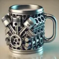 Detailansicht des komplexen mechanischen V6-Motordesigns auf der kreativen Harztasse. - Großer V6 Motor