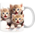 Detailansicht der 3D-Kätzchen auf einer weißen Keramiktasse mit realistischem Risseffekt - 301-400ml / Drei Blauäugige Ginger Katzen Simulierte Bruchwand Stil (cat24)