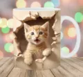 Detaillierte Ansicht der weißen Keramiktasse mit 3D-Kätzchen-Druck und Durchbruch-Effekt - 301-400ml / Einzelne Orange Katze Wandloch Stil (cat5)