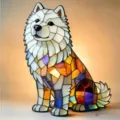 Hochauflösendes Detail der kreativen Samojeden-Hund-LED-Nachtlichtstatue aus Mosaikglas - Samojede (Sitzende Pose)
