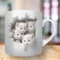 Weiße Keramiktasse mit niedlichen 3D-Kätzchen, die durch ein Loch in der Wand schauen - 301-400ml / Vier Weiße Katzen Wandloch Stil (cat1)