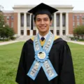 Primer plano de la banda de graduación azul claro con estampado de dólares y insignia 2026. - Azul
