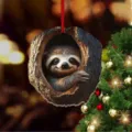 Süßes Faultier in Baumhöhle Acryl flach Weihnachtsbaum Anhänger mit rotem Band. - Faultier im Baumloch (8)