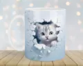 Süße 3D-Kätzchen-Keramik-Kaffeetasse mit Risswand-Effekt als Weihnachtsgeschenk - 301-400ml / Grau Gestreifte Katze Wandloch Stil (cat2)