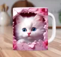 3D-Kätzchen-Kaffeetasse weiße Keramiktasse mit rosa Blumen und süßem Katzenmotiv - 301-400ml / Blauäugige Weiße Katze Rosa Bruchwand Floral Stil (cat6)