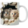3D-Kätzchen Wandloch kreative Keramik-Kaffeetasse mit süßen Katzen - 301-400ml / Zwei Blauäugige Weiße Katzen Bruchwand Loch Stil (cat8)