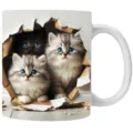 Keramiktasse mit 3D-Kätzchen-Druck und blauen Augen, perfektes Geschenk für Katzenliebhaber - 301-400ml / Drei Langhaarkatzen (Eine Schwarze Zwei Silbergraue) Wandloch Stil (cat9)