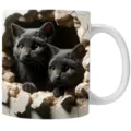 Kreative 3D-Tasse mit schwarzen Kätzchen und realistischem Wandlocheffekt - 301-400ml / Zwei Schwarze Katzen Bruchsteinwand Loch Stil (cat12)