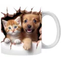Weiße Keramik-Kaffeetasse mit kreativem 3D-Kätzchen- und Welpen-Wandloch-Druckdesign - 301-400ml / Orange Katze und Hellbrauner Welpe Wandloch Stil (cat13)