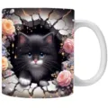 Charmante 3D schwarzes Kätzchen Keramiktasse mit rosa Rosen und Risswand-Effekt - 301-400ml / Blauäugige Schwarz-Weiße Katze Rosa Rosen Floral Stil (cat14)