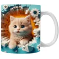 Weiße Keramik-Kaffeetasse mit kreativem 3D-Kätzchen und blauem Wandloch-Druckdesign - 301-400ml / Oranges Langhaarkätzchen Blaue Ziegelwand Zahnrad Stil (cat15)