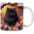 Weiße Keramiktasse mit 3D-Kätzchen, das durch eine florale Ziegelwand hindurch schaut - 301-400ml / Schwarze Langhaar Perserkatze Rote Ziegelwand Rosen Stil (cat17)
