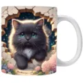 Süße 3D schwarze Kätzchen Keramiktasse mit blumigem Lochwand-Design für Katzenliebhaber - 301-400ml / Großäugiges Blaues Schwarzes Langhaarkätzchen Sternenhimmel Bruchwand Stil (cat18)
