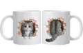 Einzigartige 3D-Kätzchen-Keramik-Kaffeetasse mit Katze-durch-Wand-Grafikvariante Design - 301-400ml / Grau Gestreifte Katze Rote Ziegelwand Loch Vorder Rückseite Stil (cat19)