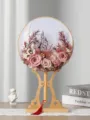 Ventaglio rotondo in fiori stabilizzati rosa con supporto in legno, decorazione floreale. - Rosa loto - Kit fai da te ventaglio rotondo con supporto reale in resina