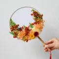 Handmade dried flower round fan variant, beautiful orange and yellow floral art gift design. - Amber Fan Material Pack