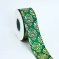 4cm Green Gold Foil Damask Ribbon Roll for Gift Wrapping, Floral Bouquet and Craft Decor - Dark Green
