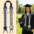 Graduation money lei ribbon sash for 2026 celebration handmade black blue yellow decorations. - Blue