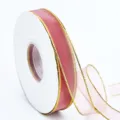 Cinta de organza rosa con borde metalico dorado para envolver regalos y flores. - 1.5*25 Yards / Rosa rojo