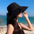 Korean style rhinestone wide brim sun hat with bow for women, perfect for summer beach travel. - Black