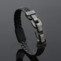 Vintage men's braided leather bracelet with stainless steel chain detail - Antique Pewter