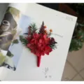 Red preserved hydrangea boutonniere for wedding groom groomsmen lapel flower accessory - Orange Green Corsage