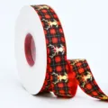Nastro Natalizio Scozzese Rosso Nero con Renna in Foglia d'Oro Confezione Regalo Nastro Raso - Renna Bronzata / 2,0 cm x 25 yard / Quadri Rossi