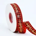 Nastro natalizio a quadri rosso e nero con stampa a caldo dorata e motivi decorativi festivi. - Fiocco di Neve Stampato a Caldo / 2,0 cm x 25 yard / Quadri Rossi
