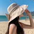 Korean style bow rhinestone bucket hat for women, wide brim summer beach sun protection hat. - Beige