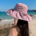 Femme été rose à carreaux chapeau seau à large bords style japonais protection solaire - Rose