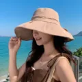 Women large brim sun hat with rhinestone bowknot, stylish summer beach vacation sun protection hat - Khaki
