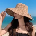 Chapeau de soleil à carreaux marron femme large bord été plage anti-uv bob chapeau - Kaki