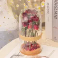 Geconserveerde echte rode rozen in glazen koepel met houten voet als romantisch cadeau. - Groot afgewerkt product in neonroos (10*22) inclusief cadeauset