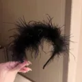 Black feather headband detail close up showing fluffy ostrich feathers and slim band design. - Long Feather Thin Headband / Black