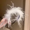 White ostrich feather headband, fluffy fairy style hair hoop for women and girls autumn winter. - Long Feather Thin Headband / White