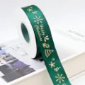 Dark green Christmas ribbon with gold foil snowflakes and trees for festive DIY gift wrapping. - Dark Green Snowflake Santa Hat Merry Christmas 2.5cm 25 Yards