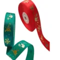 Nastro natalizio rosso e verde in tessuto con stampa dorata per fai da te e confezioni regalo - Rosso Pupazzo di Neve Albero di Natale Fiocco di Neve 2.5cm 25 Yards