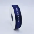 Navy blue satin ribbon with happy birthday print, perfect for gift wrapping and party decor. - Navy Blue