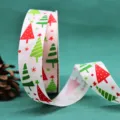 Christmas grosgrain ribbon 2.5cm red green trees print festive gift wrapping decorative craft - Christmas Tree Print / White