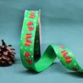 Green Christmas grosgrain ribbon featuring festive gift and mitten print for wrapping. - Square Gift Box Print / Green