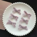 Cute pink plaid ribbon bow hair clips detail view, sweet preppy style hair accessories set. - Pink Fine Plaid
