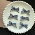 Sweet preppy plaid ribbon bow hair clip set, cute blue checkered hair accessories for daily. - Dark Blue Plaid