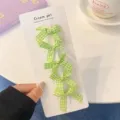 Sweet preppy style green plaid ribbon bow hair clips set, cute hair accessories for daily wear. - Green