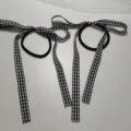Detail view of black and white plaid bow hair ties, sweet Japanese style scrunchies. - Ribbon Hair Tie / Black